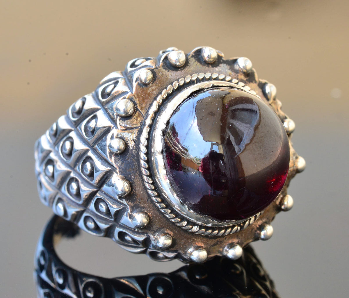 Silver Men's Ring with Natural Garnet Stone — 3