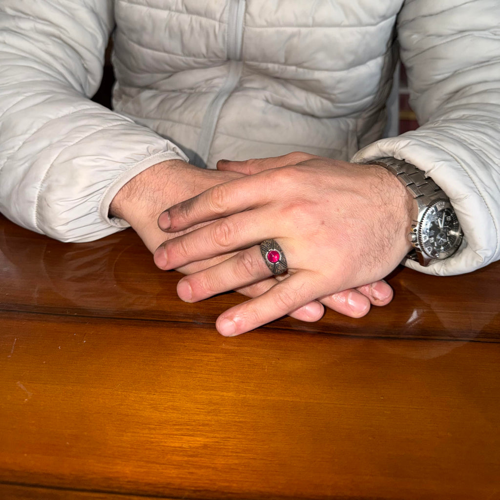 KAMBO Natural Star Ruby Stone Ring for Men 925 Sterling Silver Handmade Seal Ring Vintage Engraved Minimal Design Asterism Ruby — 2