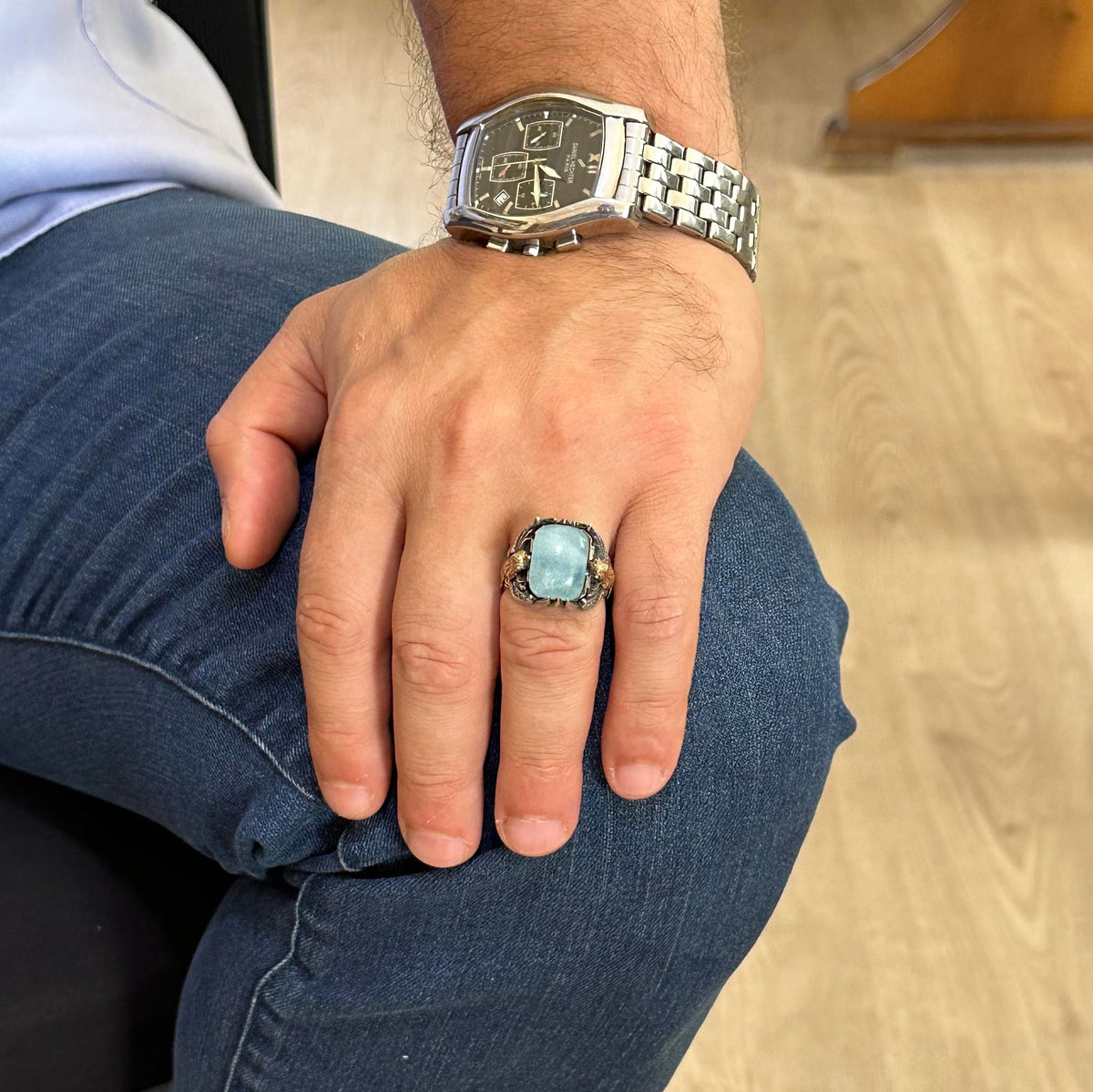 Natural Cabochon Aquamarine Stone Ring - Handmade 925 Sterling Silver - Symbol of Peace, Protection, and Courage — 3