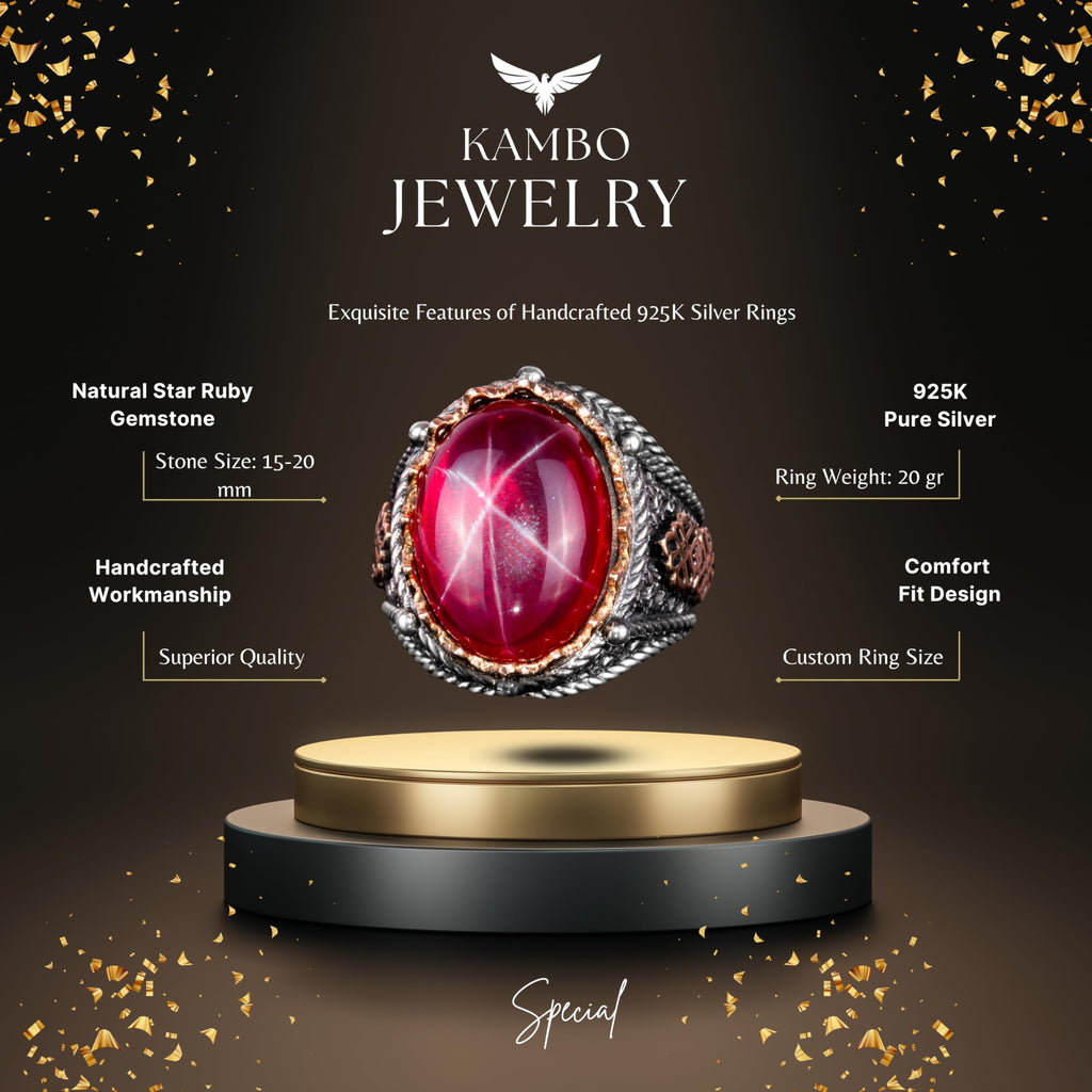 925 Sterling Silver Men's Ring, Handmade Natural Star Ruby Stone Ring — 5