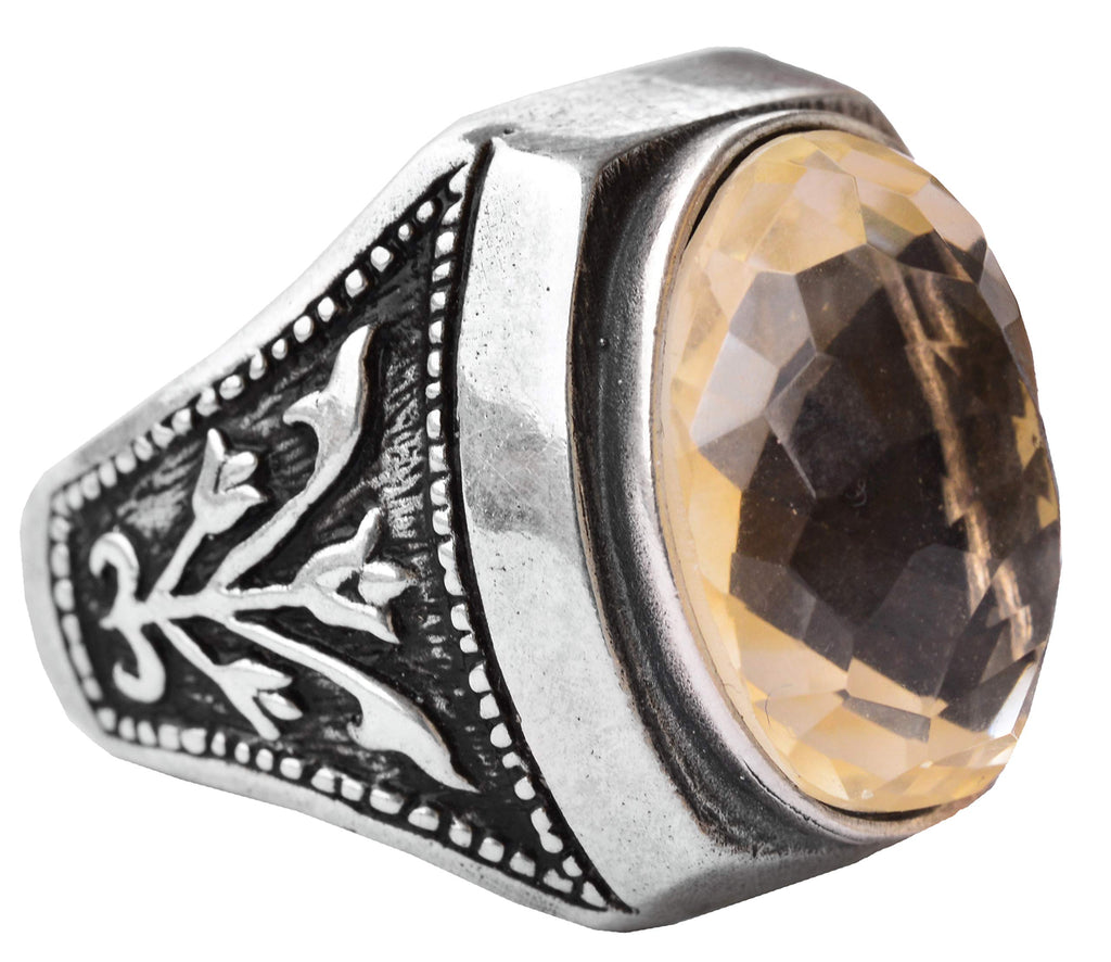 Silver Ring - Natural Oval Citrine Stone and Tulip Motif Design