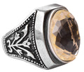 Silver Ring - Natural Oval Citrine Stone and Tulip Motif Design