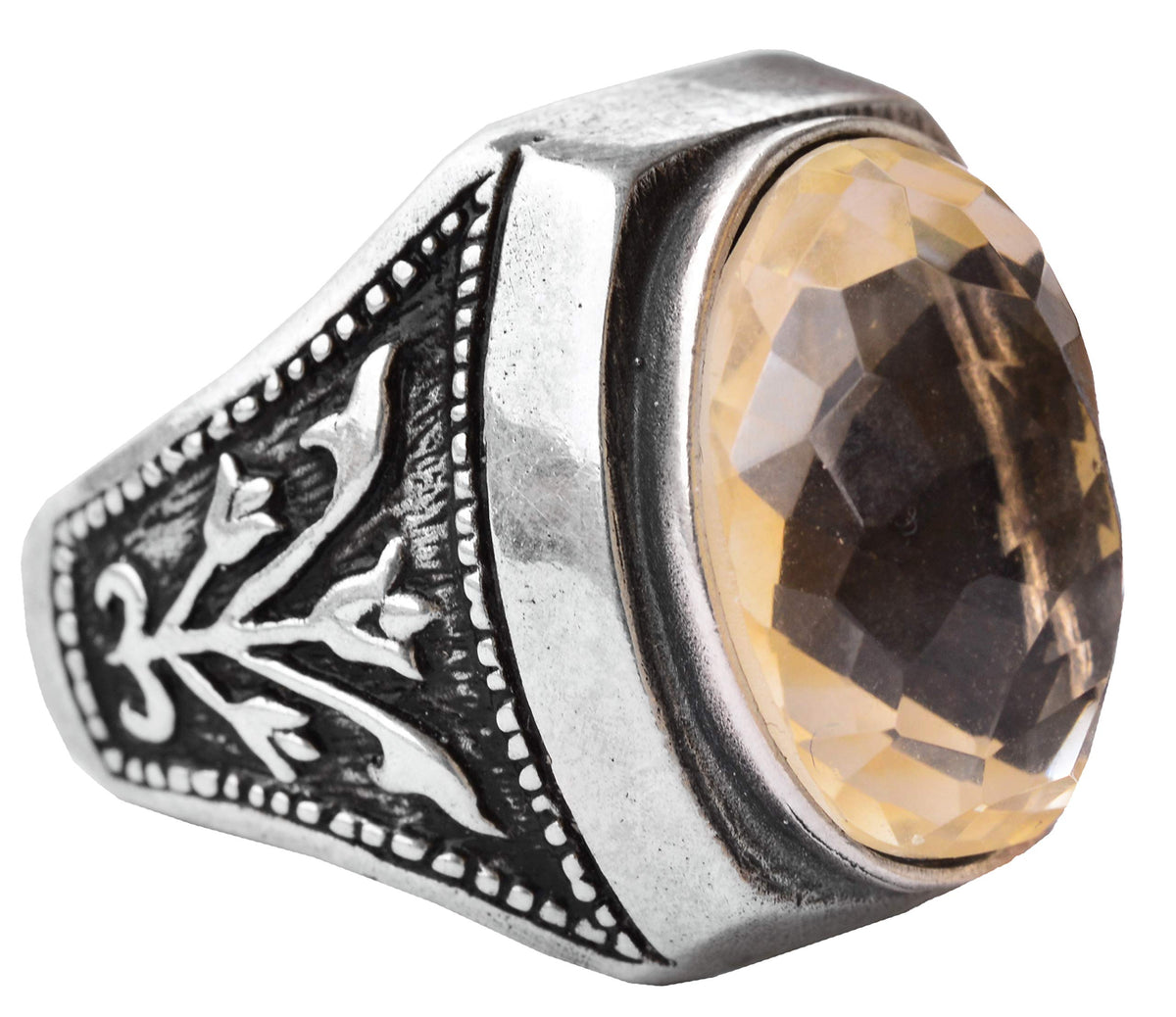 Silver Ring - Natural Oval Citrine Stone and Tulip Motif Design