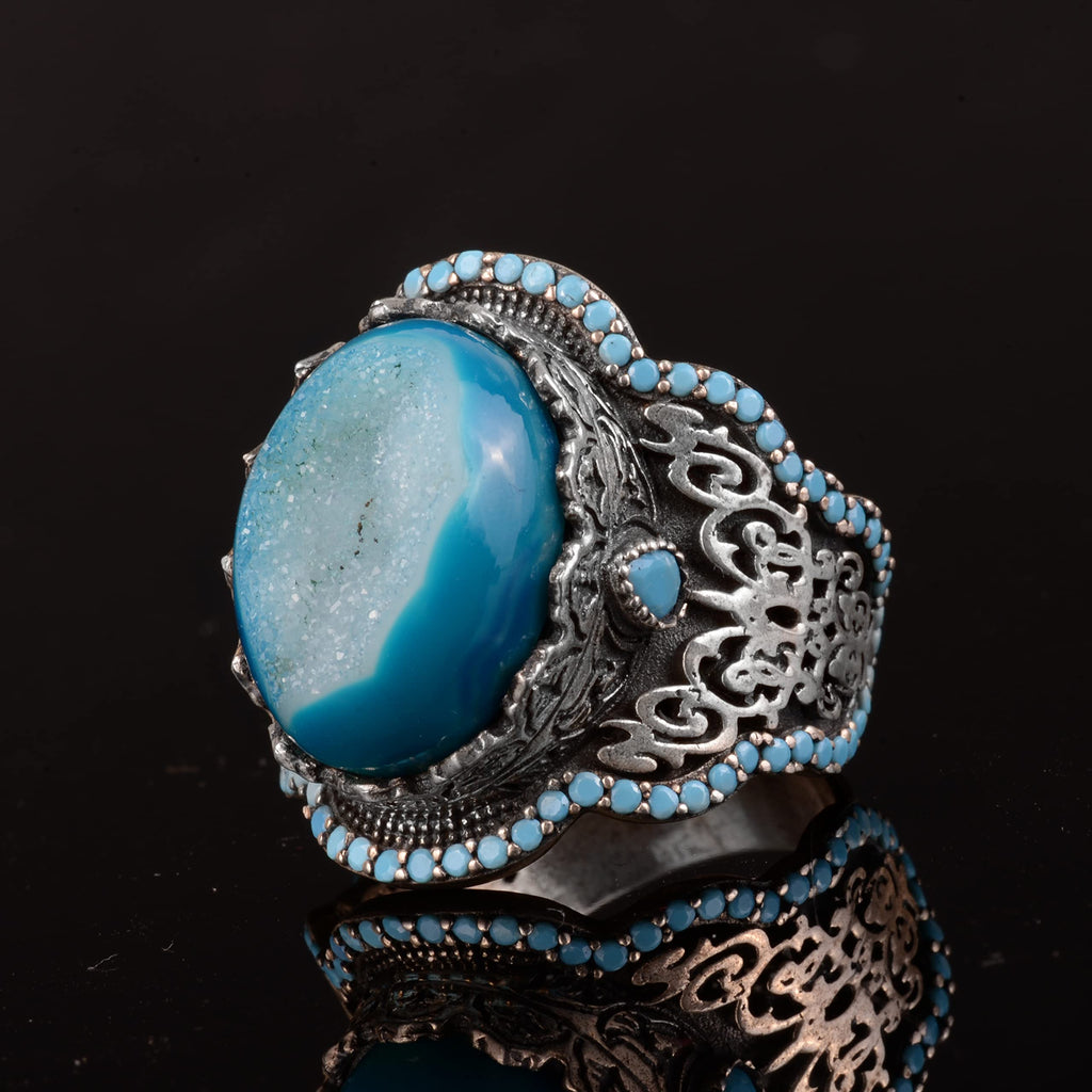 Handcrafted 925 Sterling Silver Men's Ring - Natural Stone (Drusy Quartz) — 5