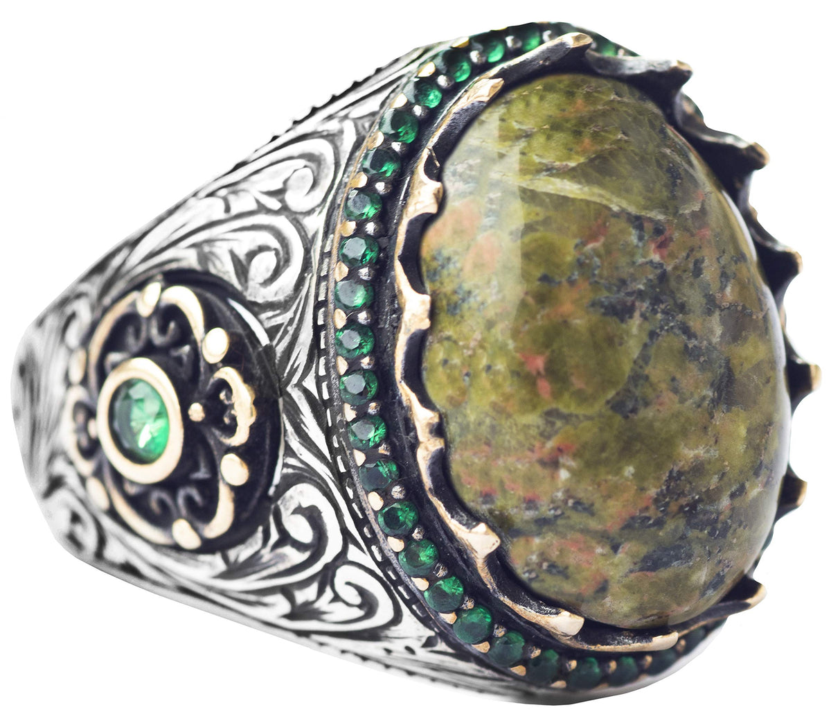 Handmade Silver Men's Ring, Natural Unakite Stone