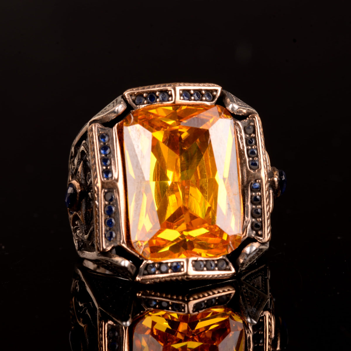 925 Sterling Silver Men's Ring, Oval Stone Ring, Synthetic Citrine Ring — 5