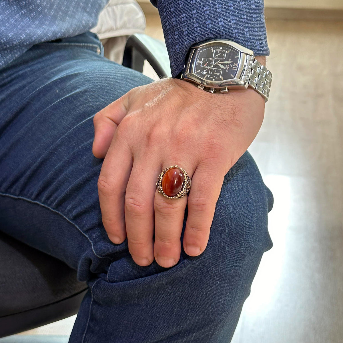 Nautical Anchor Silver Ring, Natural Stone Ring, 925 Sterling Silver Ring (Red Agate) — 3