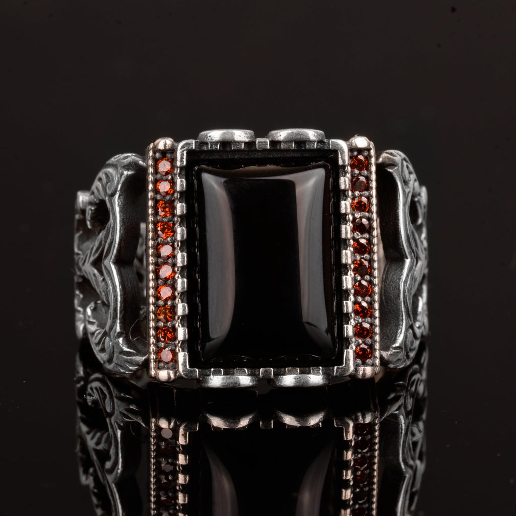 Natural Obsidian Stone Ring, 925 Sterling Silver Men's Ring — 6