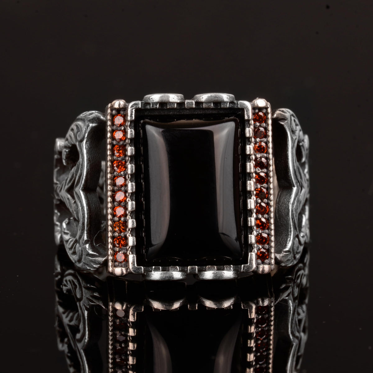 Natural Obsidian Stone Ring, 925 Sterling Silver Men's Ring — 6