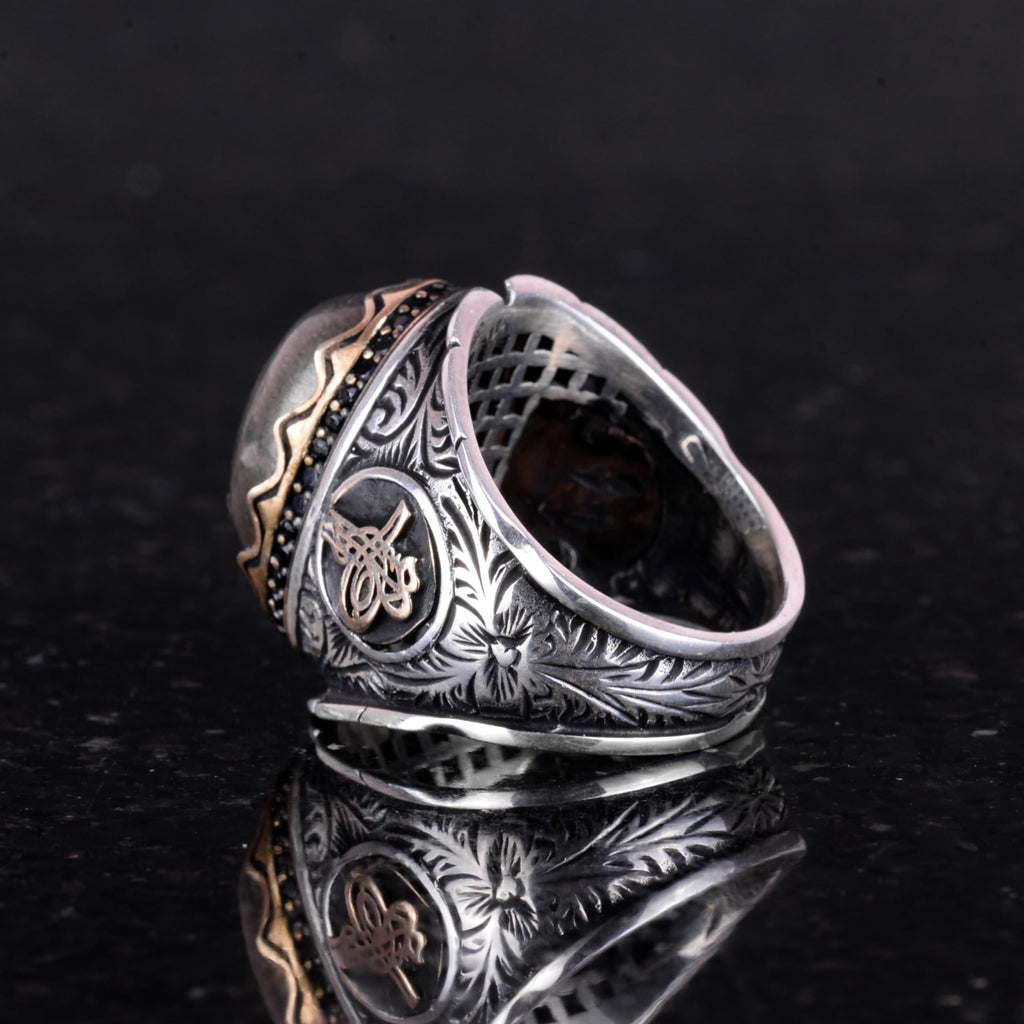 925 Sterling Silver Men's Ring - Natural Pyrite Stone Ottoman Tugra Ring — 6