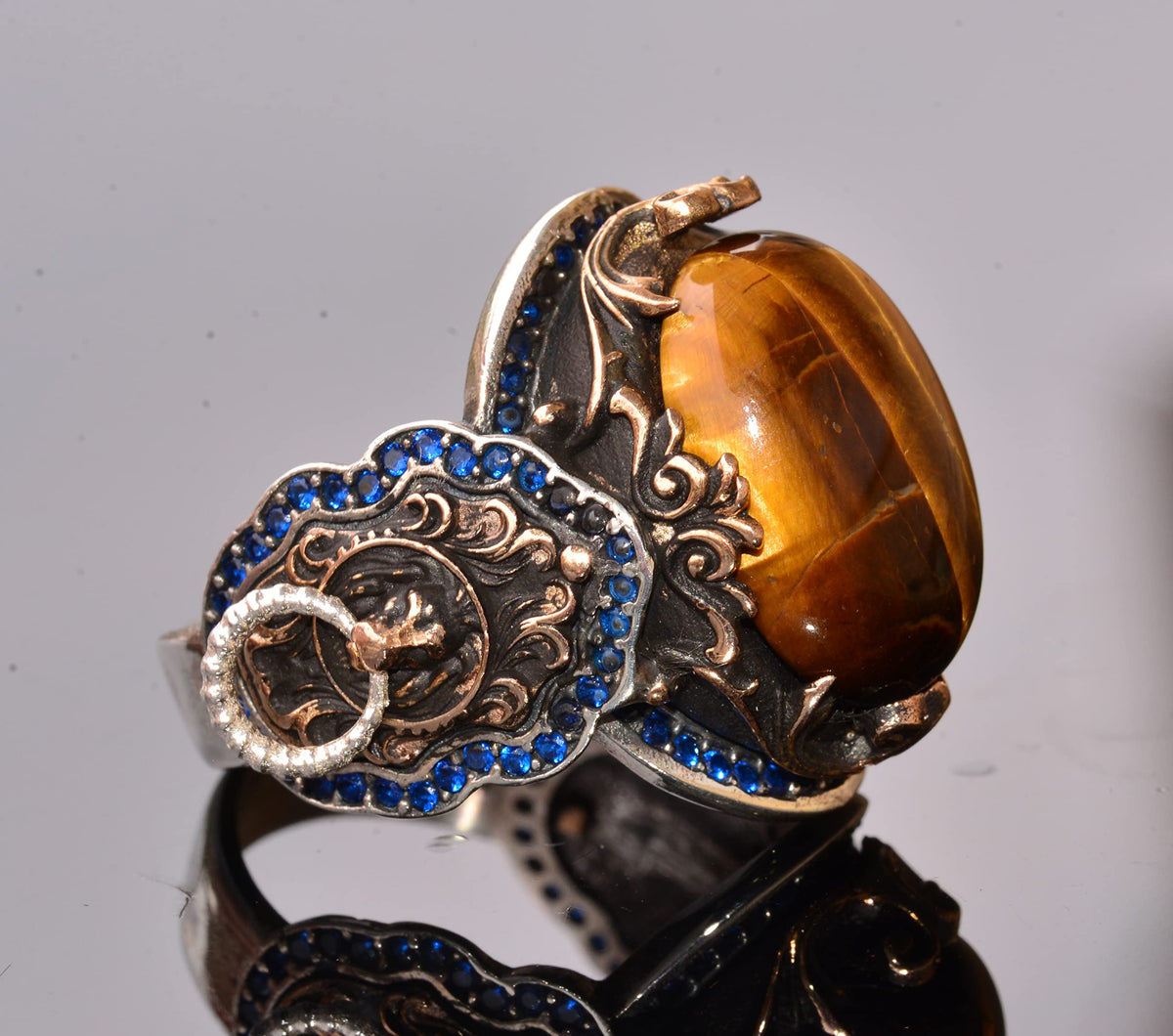 KAMBO Handmade 925 Sterling Silver Men's Ring with Genuine Tiger Eye Gemstone, Vintage Lion Design, Gold Plated Statemen