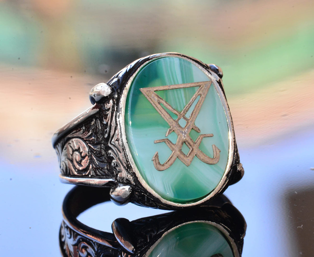 KAMBO Handcrafted 925 Sterling Silver Men's Ring with Satanic Symbol and Natural Agate Stone, Minimalist Vintage Design,