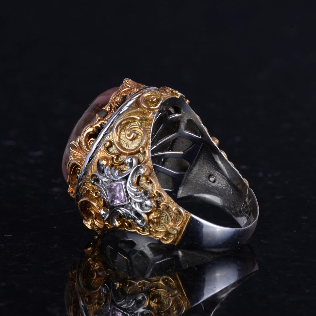 KAMBO Genuine Natural Stone Ring - Men's Sultan Ring - Gold Plated 925 Sterling Silver Ring - Handmade Ring (Rhodonite) — 7