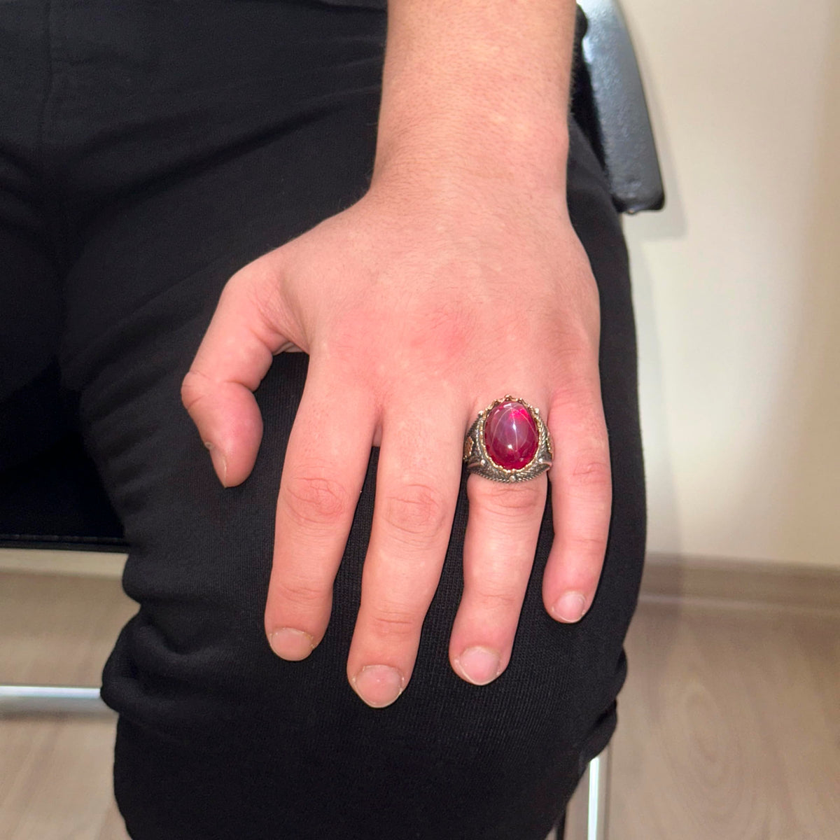 925 Sterling Silver Men's Ring, Handmade Natural Star Ruby Stone Ring — 3