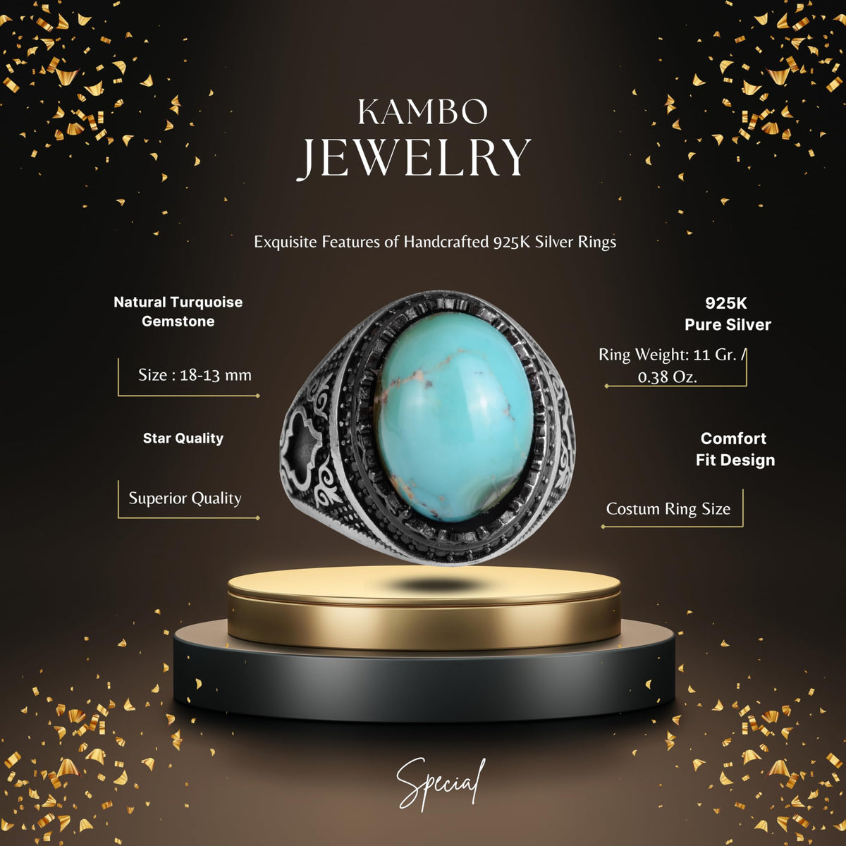 KAMBO Natural Turquoise Stone 925 Sterling Silver Men's Ring - Seljuk Figure Pattern Vintage Statement Jewelry (Style-1) — 2