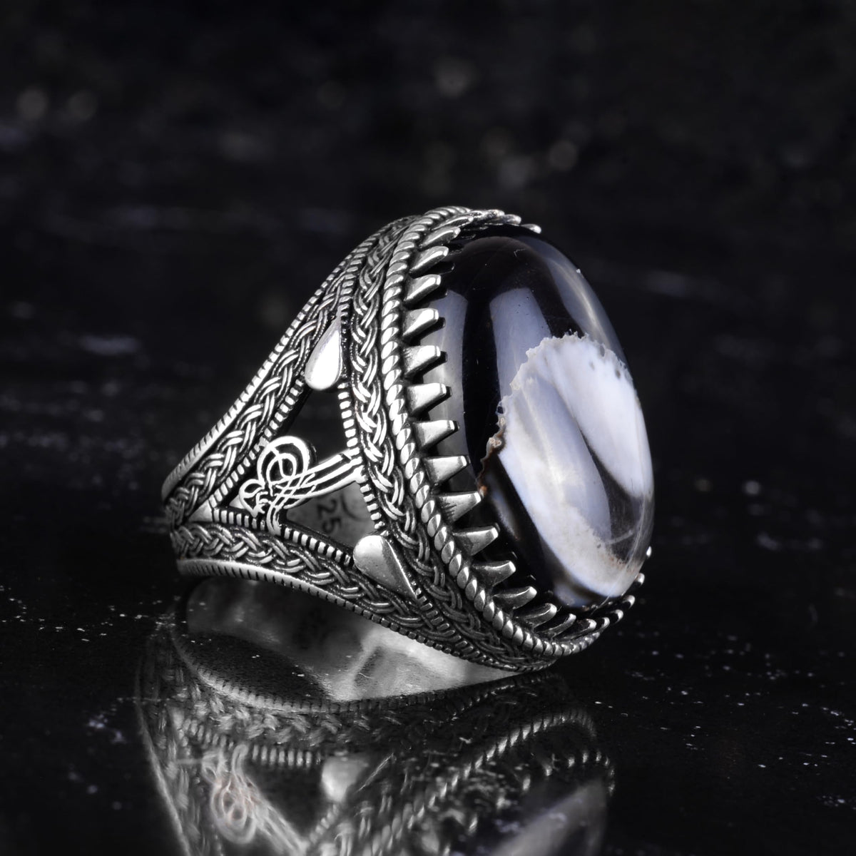 KAMBO Natural Yemen Agate Stone Men's Ring – 925 Sterling Silver Large Statement Ring – Handmade Ottoman Tugra Design Jewelry (Style-2) — 5