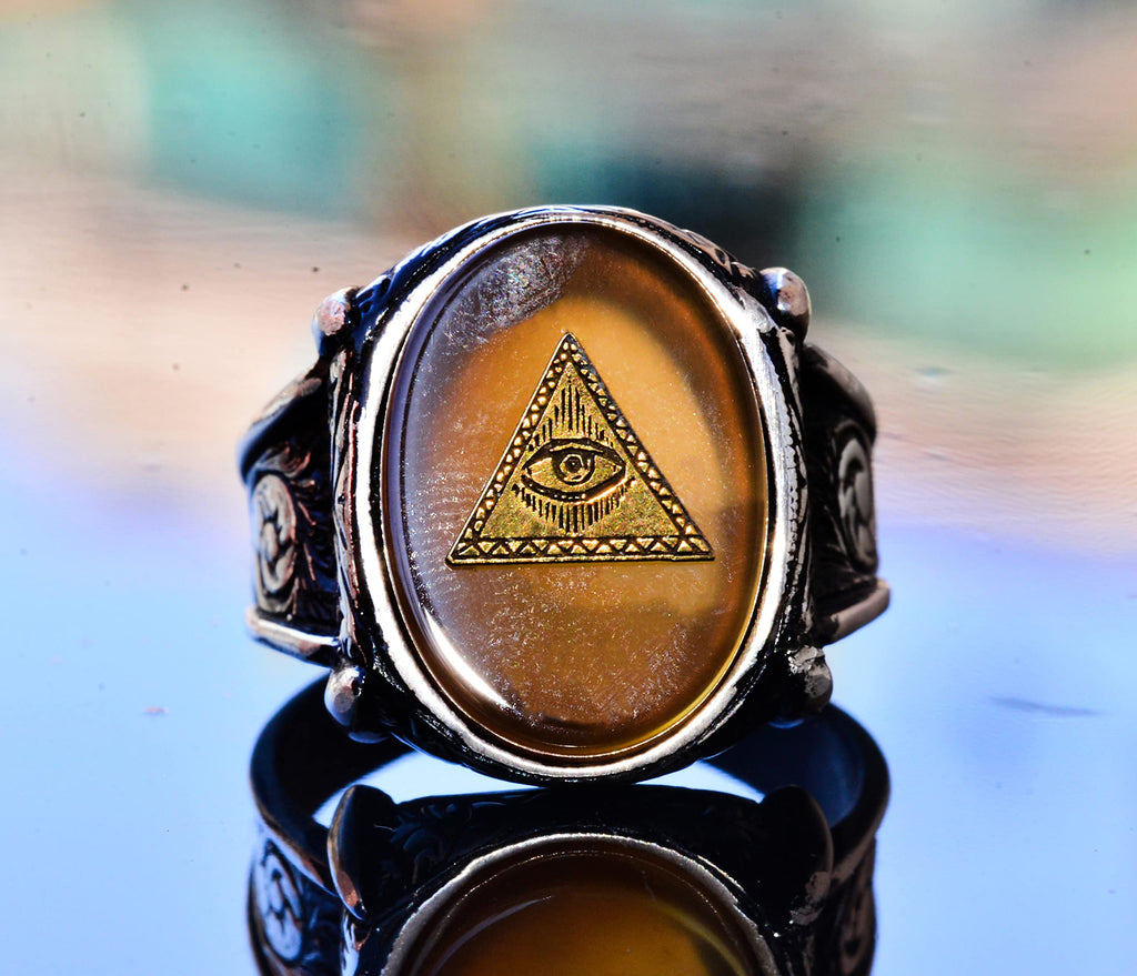 925 Sterling Silver Men's Ring with Created Yellow Agate Stone, Pyramid Evil Eye Design