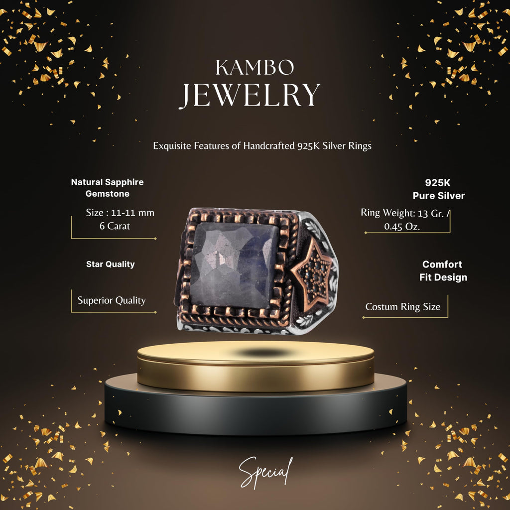 KAMBO Natural Stone Men's Ring – Star Motif Designed 925 Sterling Silver Square Cut Ring (Blue Sapphire) — 2