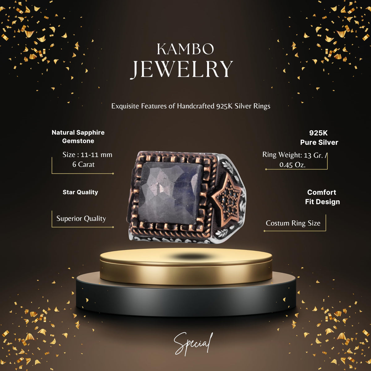 KAMBO Natural Stone Men's Ring – Star Motif Designed 925 Sterling Silver Square Cut Ring (Blue Sapphire) — 2