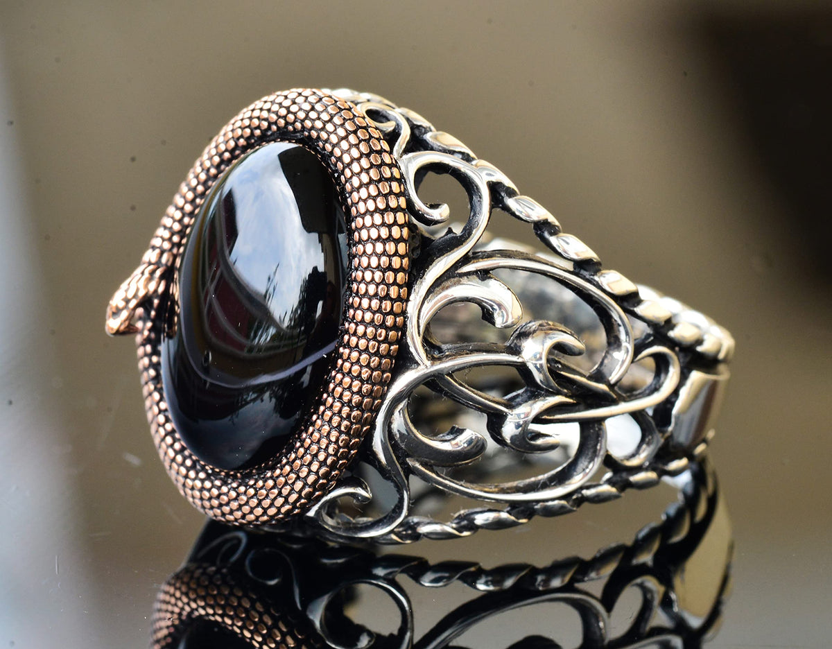 Natural Obsidian Stone, Handmade Ring, 925 Sterling Silver Men's Ring, Silver Accessory, Black — 4