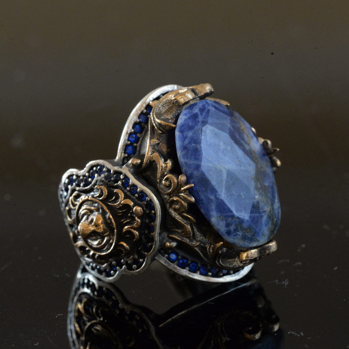 Natural Sodalite Stone Ring - Lion Motif, 925 Sterling Silver — 5