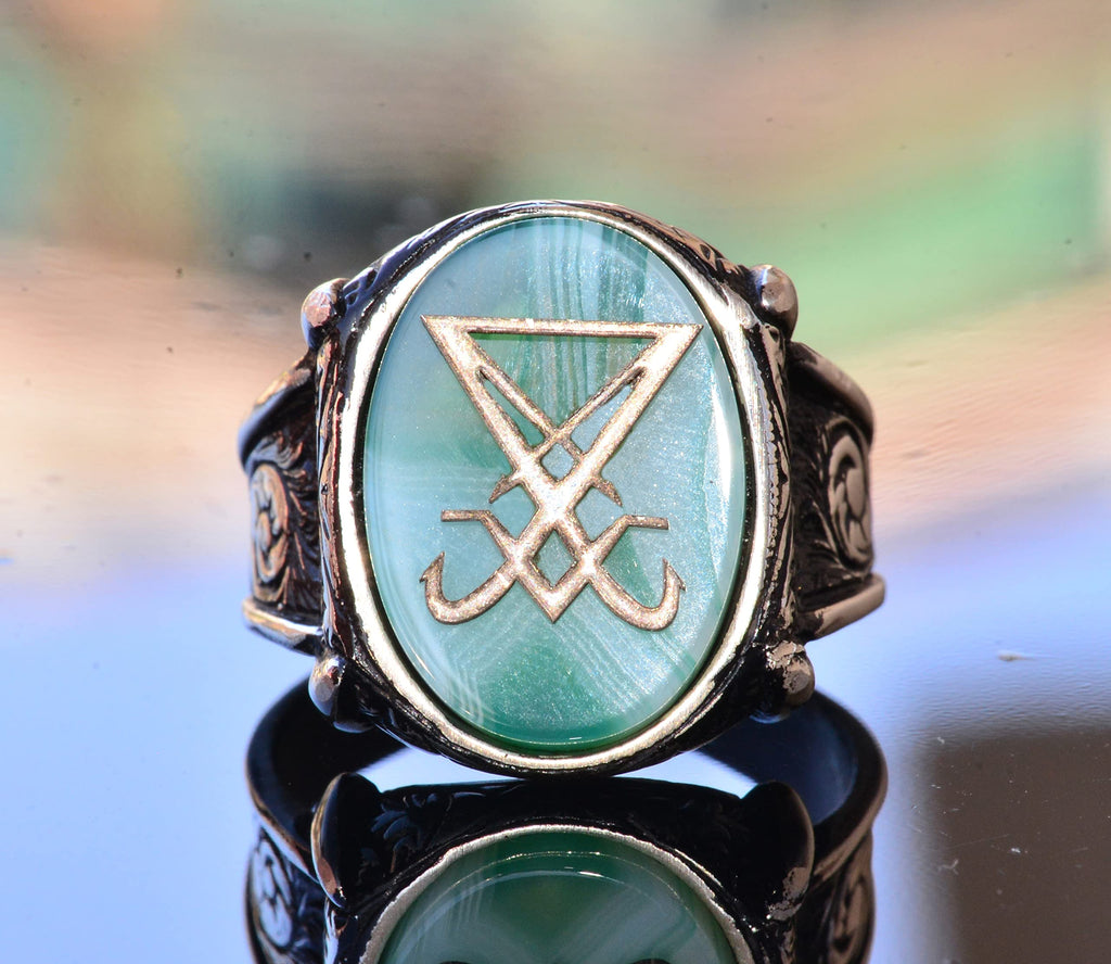Handcrafted 925 Sterling Silver Men's Ring with Satanic Symbol and Created Onyx Stone, Unique Mystical Design