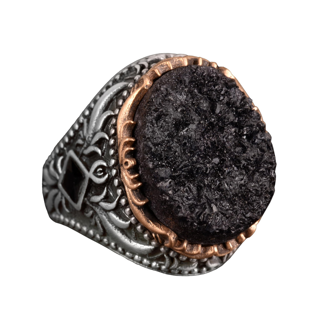 Vintage Men's 925 Sterling Silver Ring - Druzy Quartz (Black)