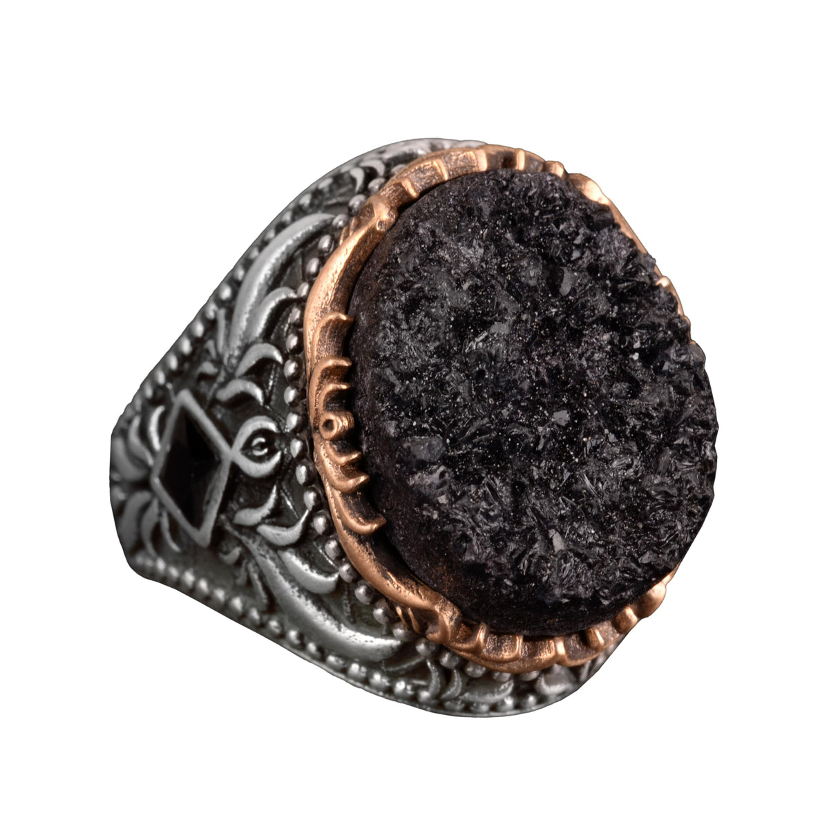 Vintage Men's 925 Sterling Silver Ring - Druzy Quartz (Black)