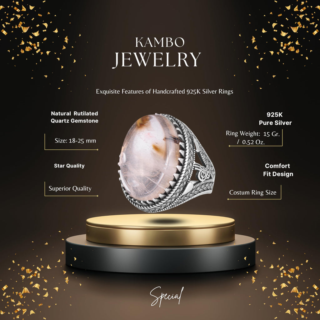 KAMBO Men's Natural Stone Ring – 925 Sterling Silver Large Statement Ring – Handmade Ottoman Pattern Jewelry (Rutilated Quartz-1) — 2