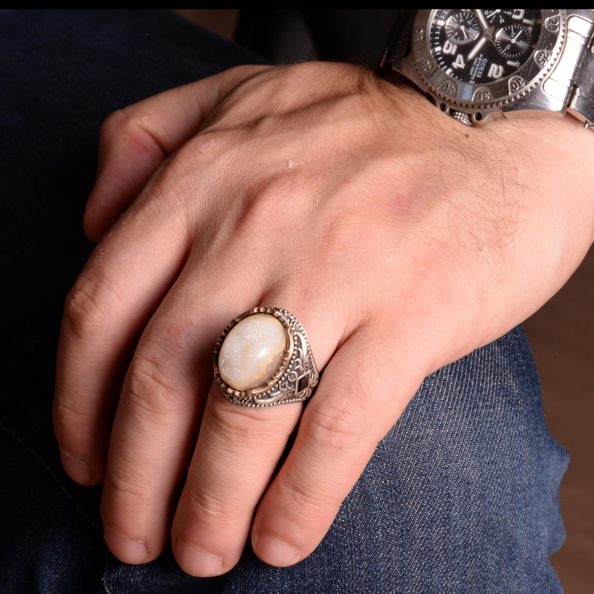 Vintage Men's 925 Sterling Silver Ring - Druzy Quartz (Beige) — 3