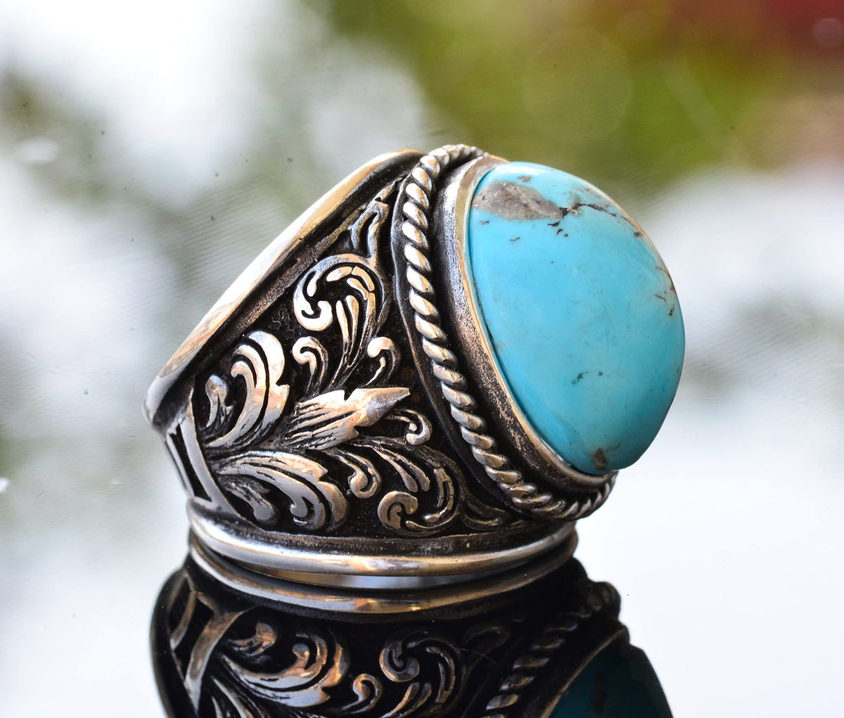 Natural Arizona Turquoise Stone Ring, Men's Ring, Silver Ring green — 4