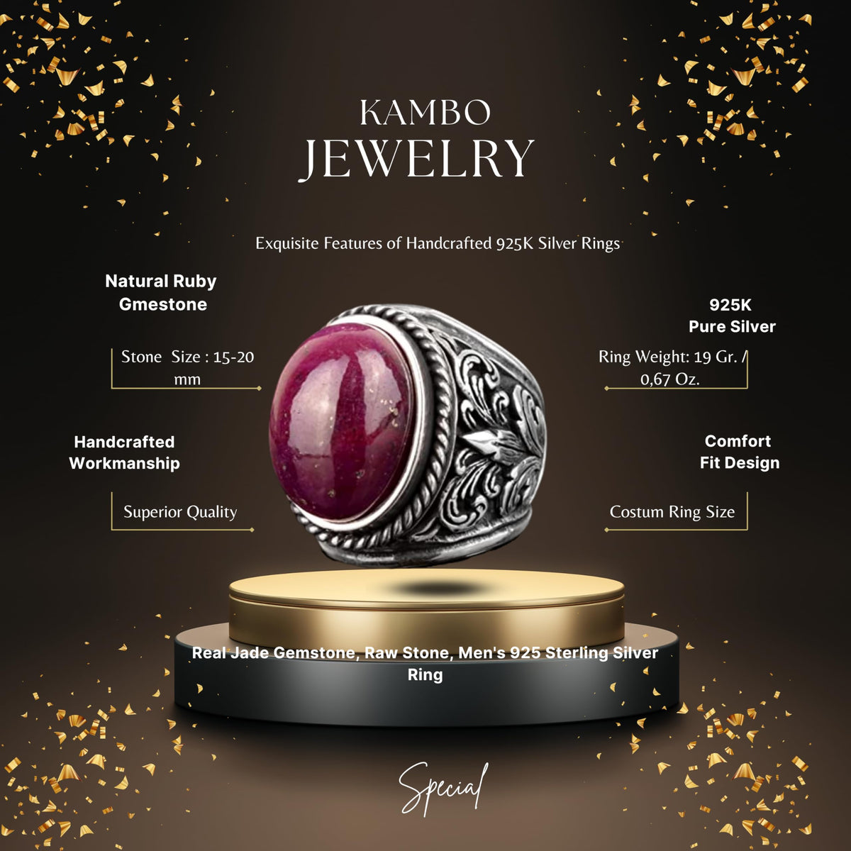 Ruby Ring with Natural Ruby Stone, Silver Men's Ring - Lily Model — 2