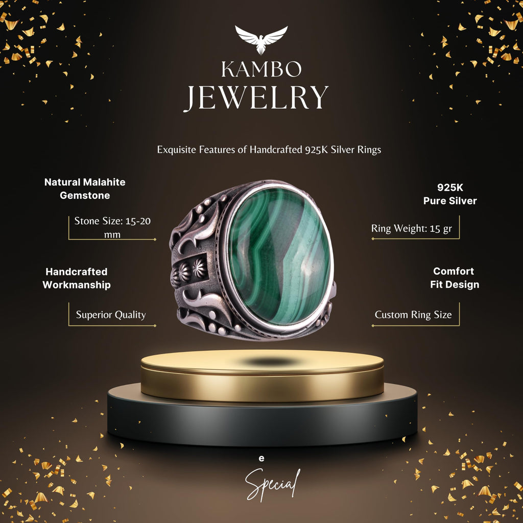 Natural Malachite Stone Ring, 925 Sterling Silver Men's Ring (Model-2) — 2