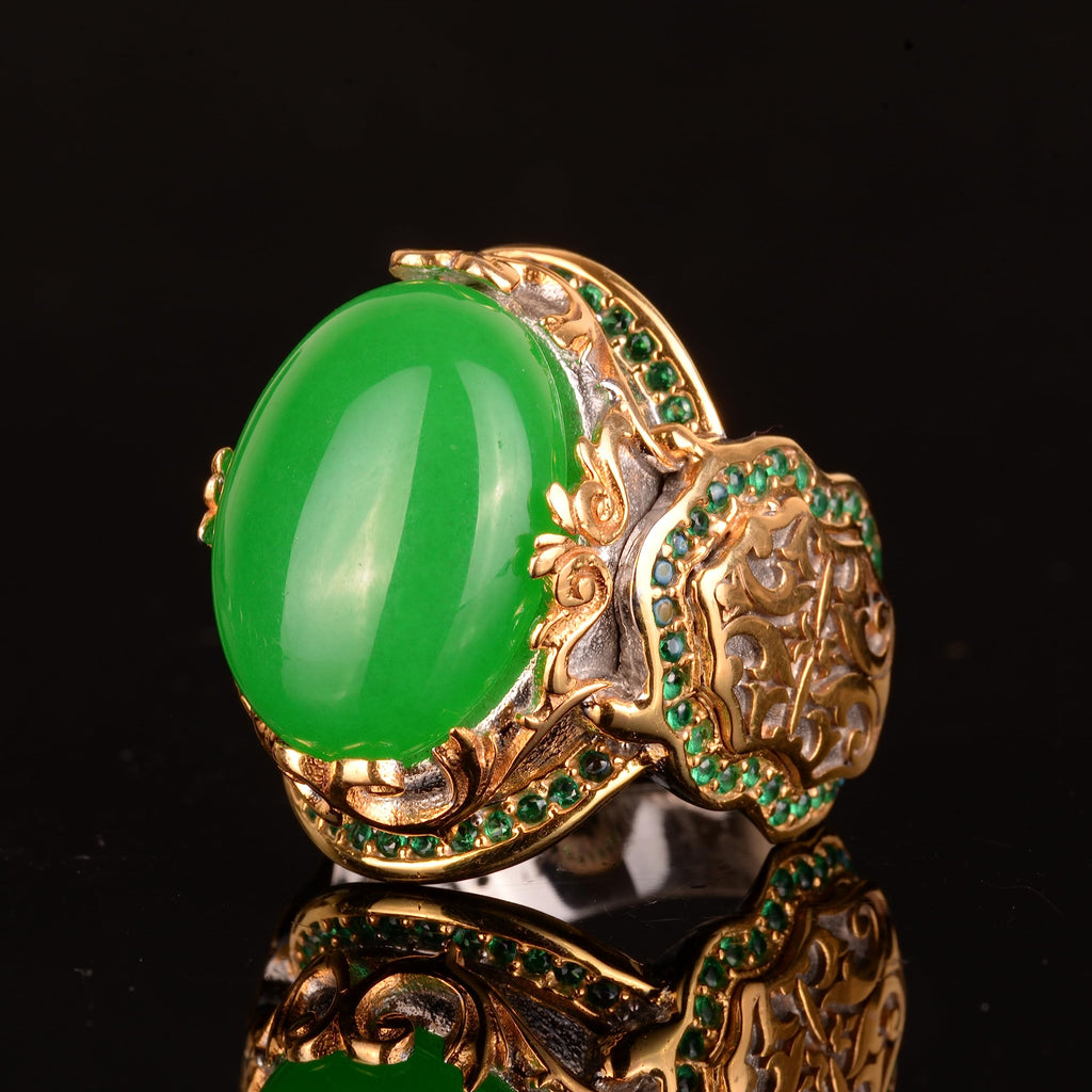 Natural Jade Stone Silver Ring - Gold Plated — 4