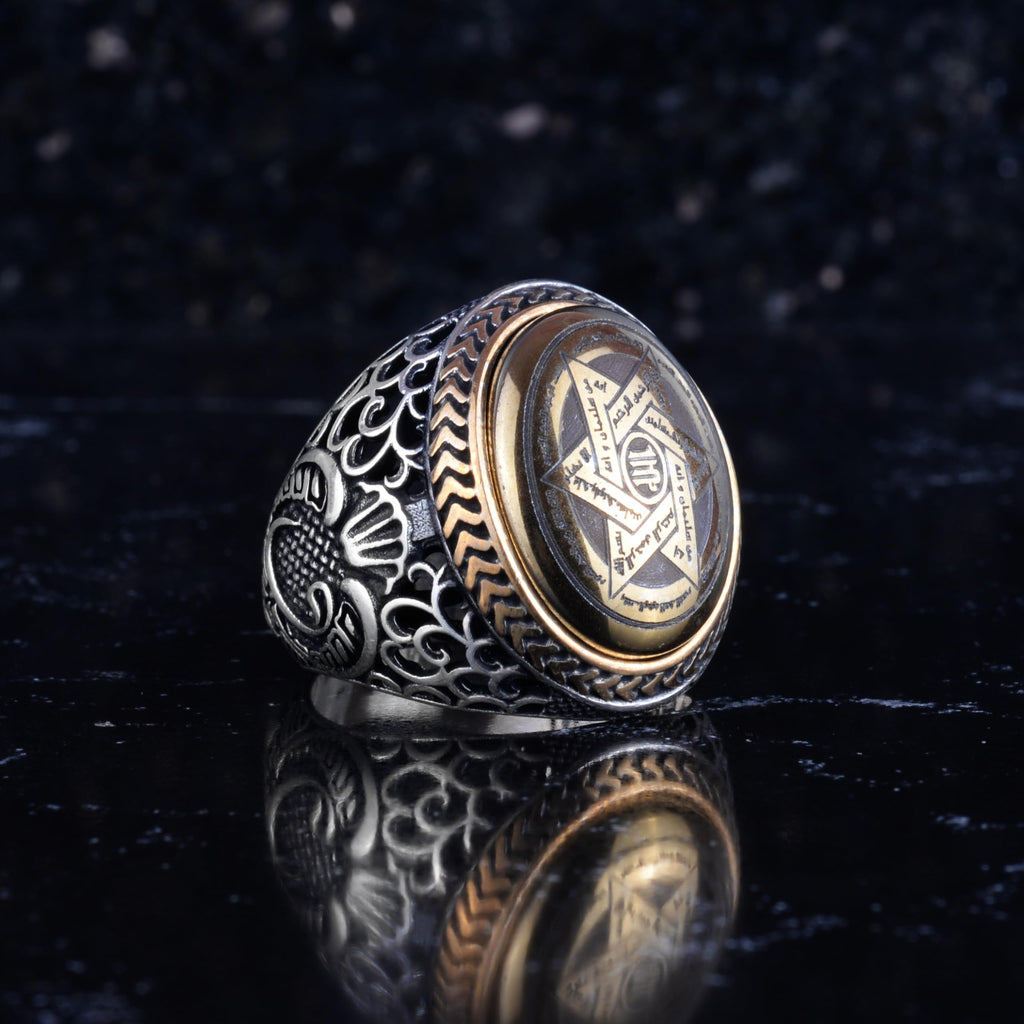 KAMBO Natural Hematite Stone Men's Ring – 925 Sterling Silver Vav Letter Motif Star of David Embroidered Ring – Oval Statement Handmade Ring — 6