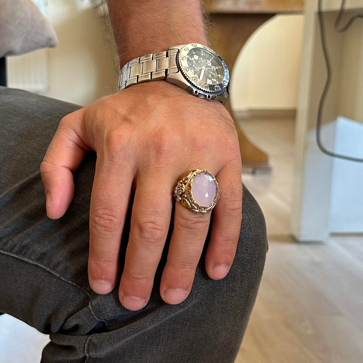 KAMBO Created Stone Men's Ring - Sultan Ring - Handmade 925 Sterling Silver Ring - Unique Ring (Created Rose Quartz) — 3