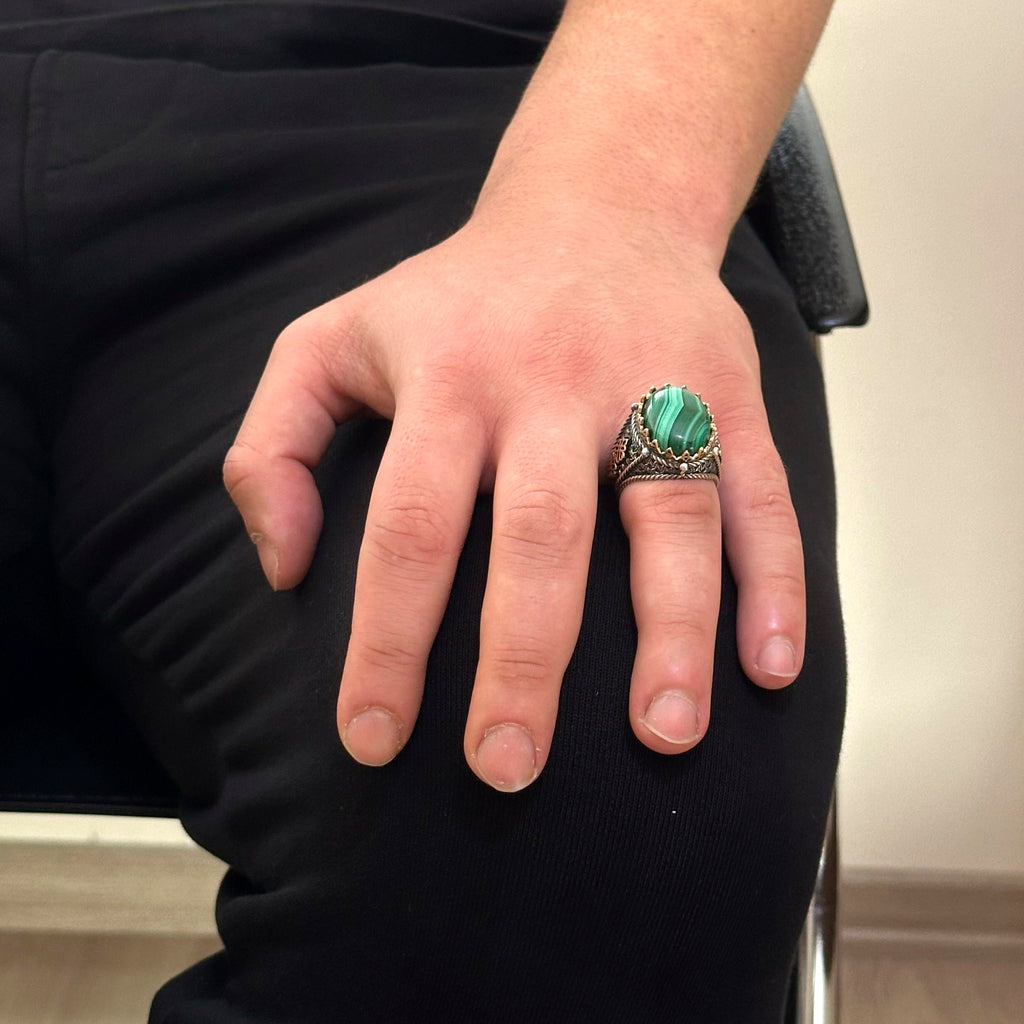 925 Sterling Silver Men's Ring, Natural Malachite Stone Ring — 3