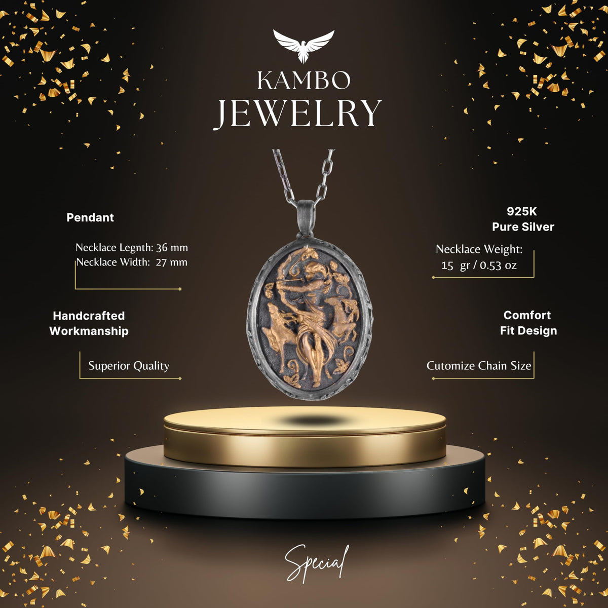 KAMBO 925 Sterling Silver Gold Plated Chain Men's Necklace – Sagittarius Archer Zodiac Necklace – Handmade Oval Two Tone Oxidized Medallion Jewelry — 2