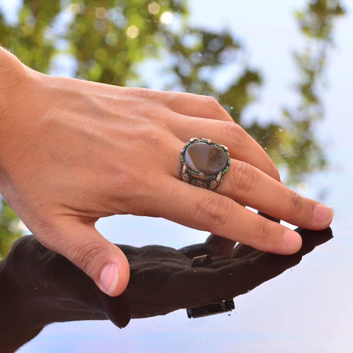 925 Sterling Silver Men's Ring, Handmade Vintage Style Silver Ring with Natural Agate Stone — 6