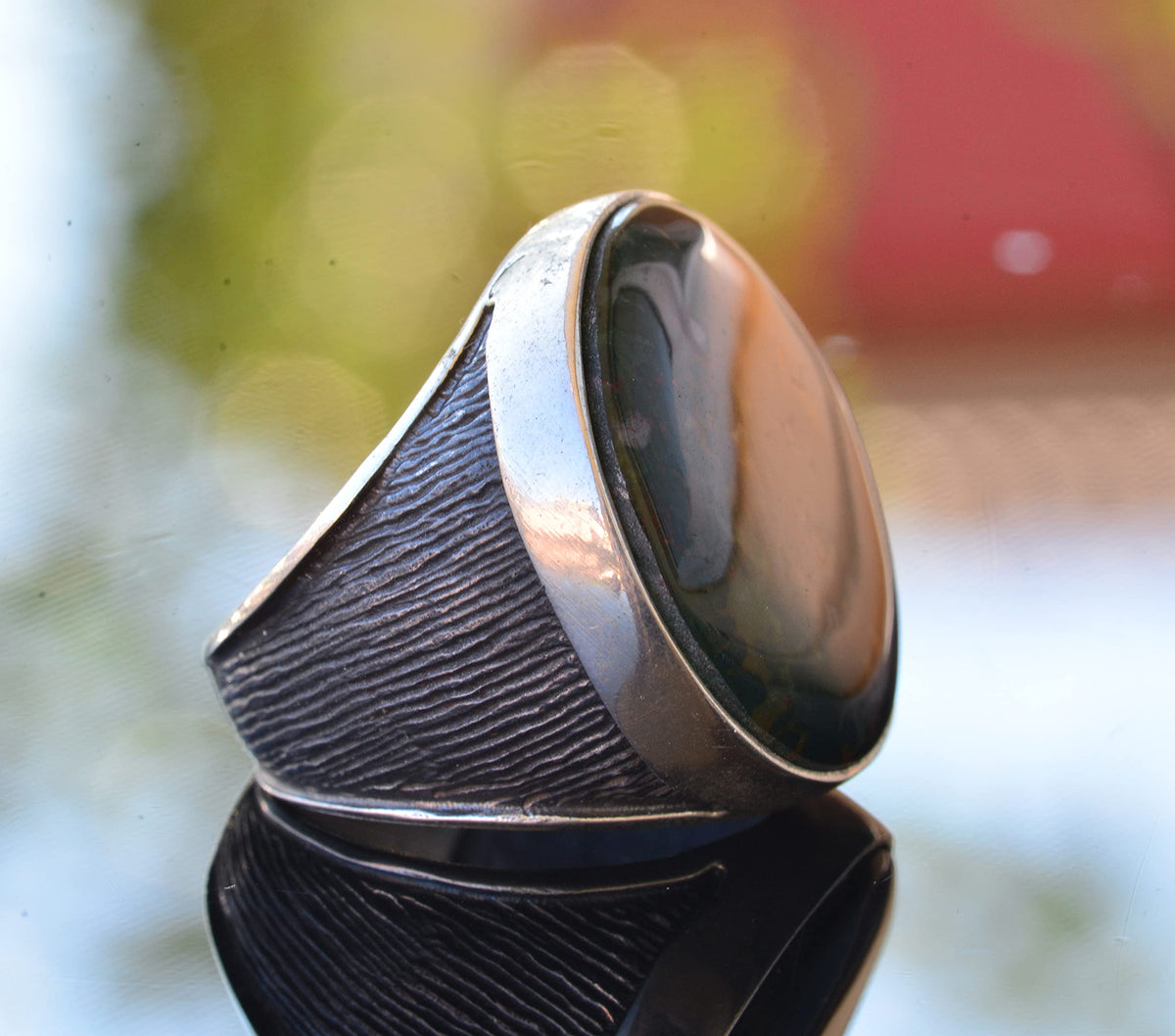 Natural Bloodstone Ring, 925 Sterling Silver Men's Round Ring — 5