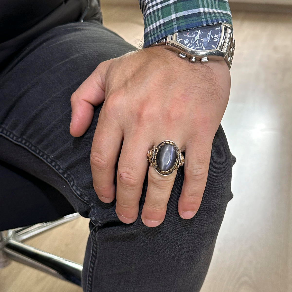 925 Sterling Silver Men's Ring - Black Cat Eye Synthetic Stone - Lion Symbol Handmade Ring — 3