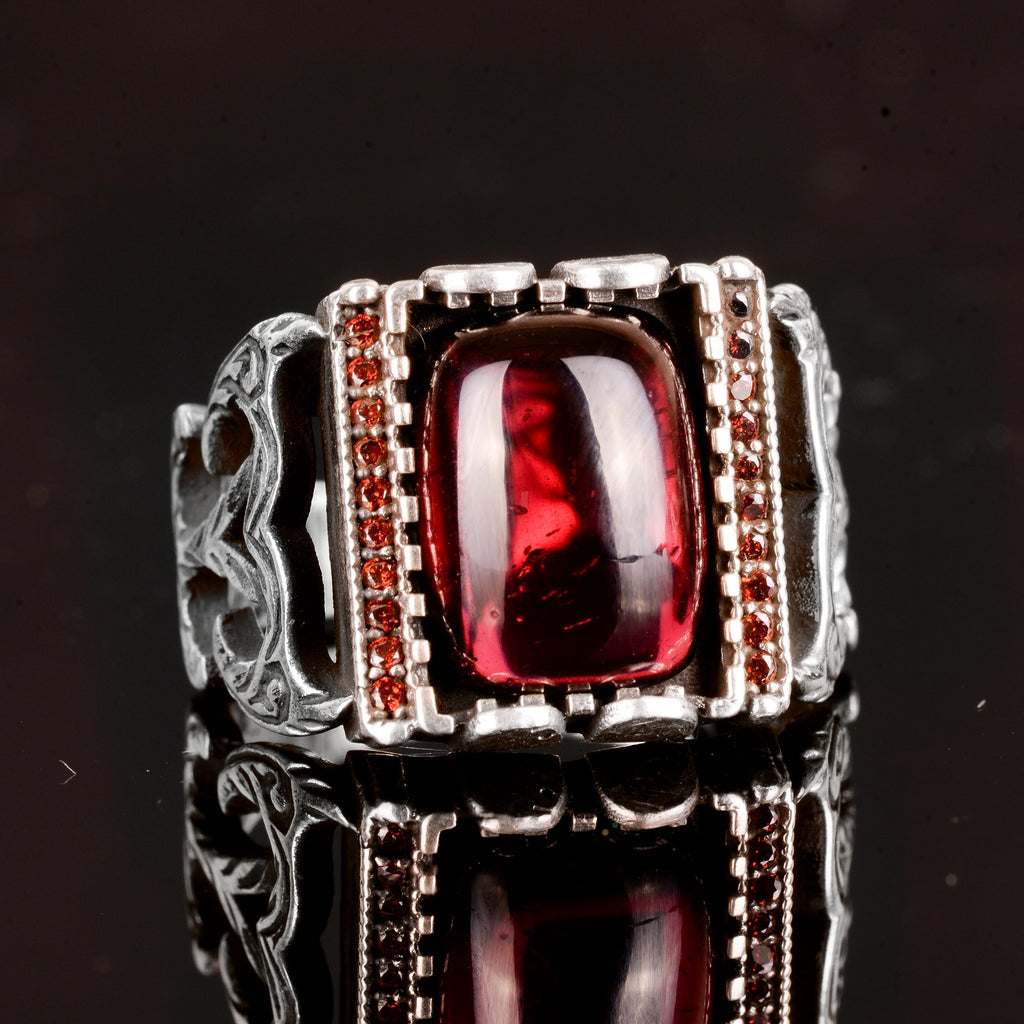 Natural Garnet Stone Ring, Handmade Minimalist Jewelry, 925 Sterling Silver Men's Ring — 6