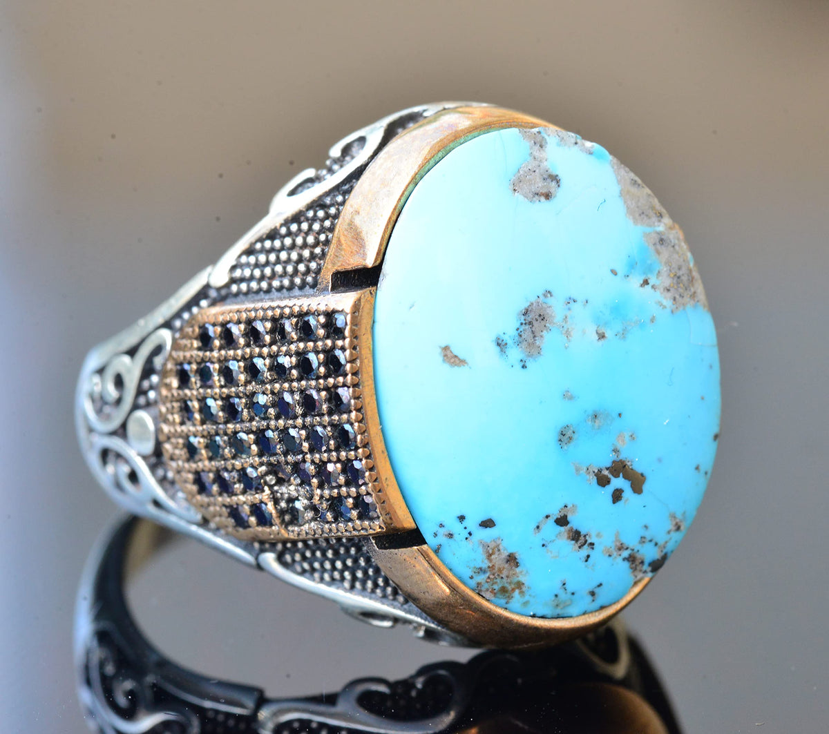 Natural Arizona Turquoise Stone Silver Men's Ring — 3
