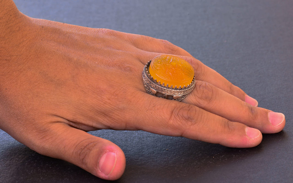 KAMBO Natural Yellow Agate Stone 925 Sterling Silver Ring, Above All and Determination Islamic Design, Large Muslim Ring — 6