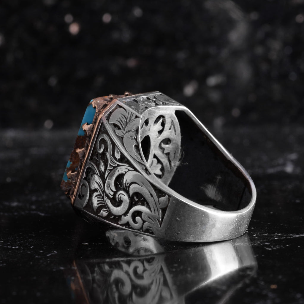 KAMBO Men's Natural Turquoise Stone Ring - 925 Sterling Silver Handmade Rectangular Statement Ring - Vintage Ottoman Style Jewelry — 7