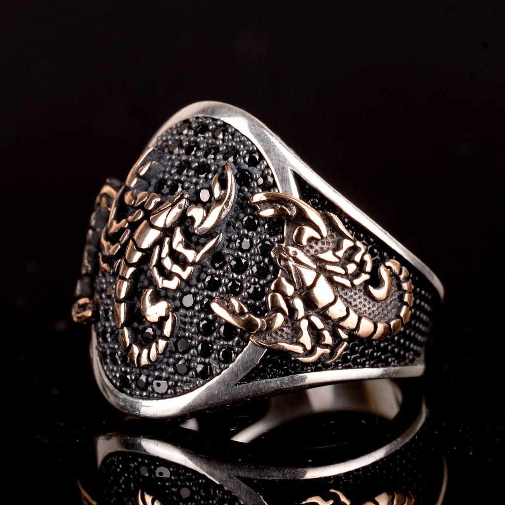 Natural Onyx Gemstone Handcrafted Men's 925K Sterling Silver Ring, Unique Scorpion Animal Design, Scorpio Zodiac Ring, P
