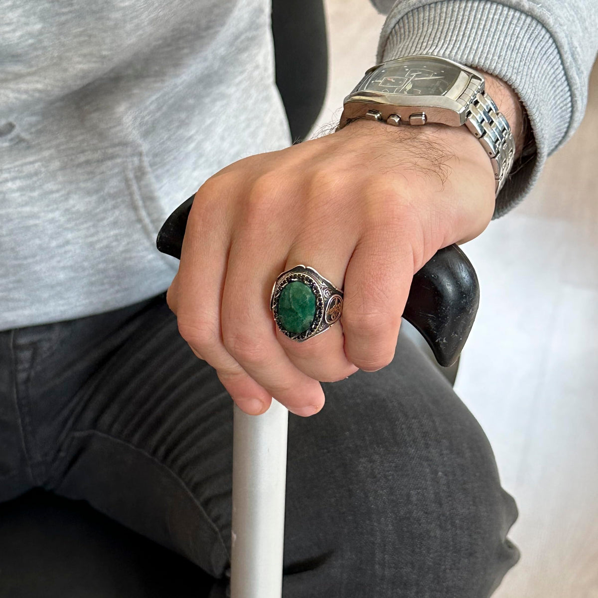925 Sterling Silver Men's Ring with Natural Emerald Stone - Handmade Elegance — 3