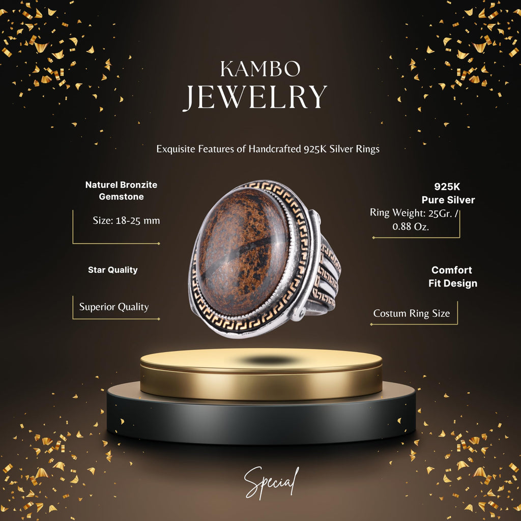KAMBO Men's Genuine Natural Stone Ring – 925 Sterling Silver Large Statement Ring – Handmade Vintage Design – Dark Silver Ring (Bronzite) — 2