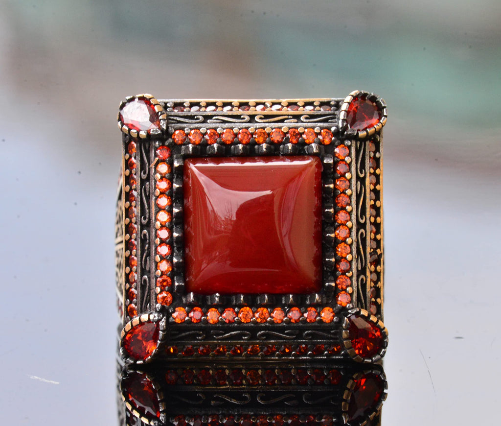 Natural Red Agate Stone Ring - Silver Men's Sultan Ring — 4