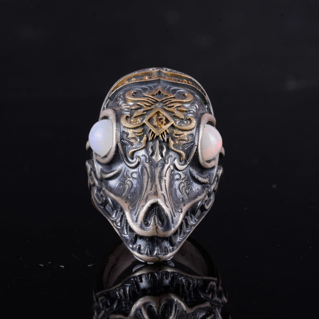 KAMBO 925 Sterling Silver Gold Plated Natural Stone Men's Dragon Ring – Large Statement Ring (Opal) — 6